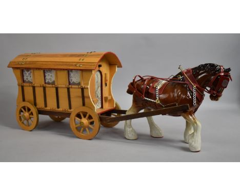 A Large Wooden Model of a Gypsy Caravan with Ceramic Heavy Horse, Total Length 73cm 