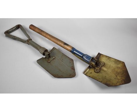 Two Vintage Military Folding Trench Shovels, One with Wooden Handle 
