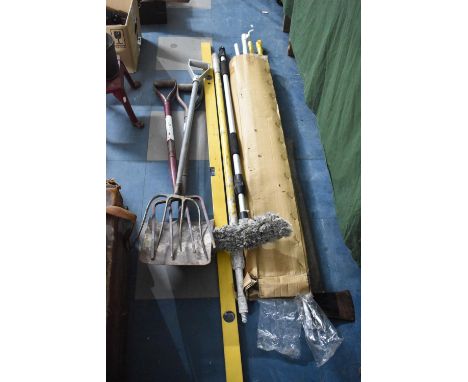 A Collection of Garden Tools, Spirit Level, Garden Parasols etc 