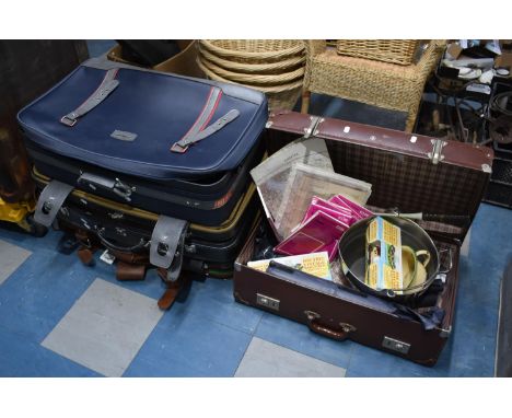 Three Empty Suitcases and Vintage Example Containing Ordnance Survey Maps, Cooking Pan, Toys etc 