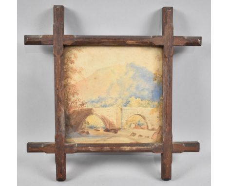 A Vintage Watercolour Depicting Two Arch Stone Bridge, 15cm Square 