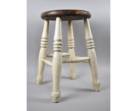 A Vintage Circular Topped Stool with Cream Painted Base, 47cms High 