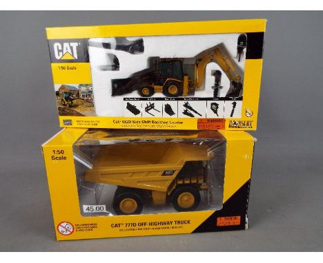 Norscot - Two boxed 1:50 scale diecast Norscot construction vehicles. Lot includes #55060 Caterpillar 432D Side Shift Backhoe