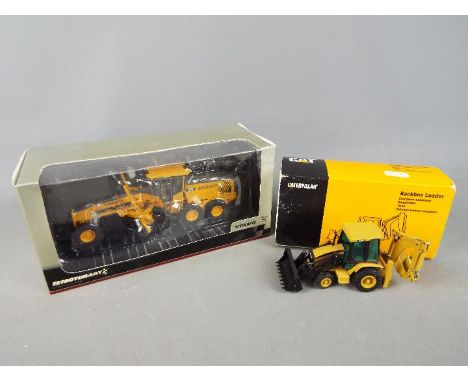 NZG, Motorart - Two boxed diecast 1:50 scale construction vehicles. Lot consists of NZG #435C Caterpillar Backhoe Loader whic