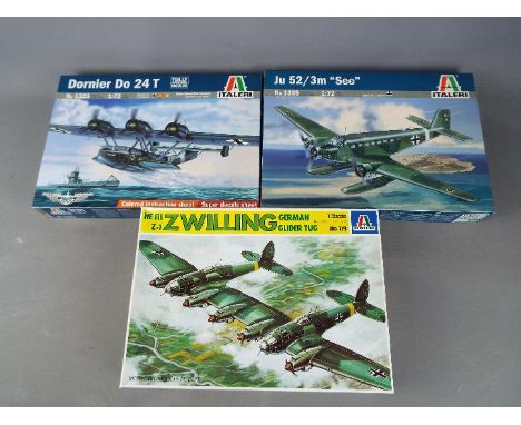 Italera - a collection of three plastic model kits to include HE-111 Z-1 Zwilling German Glider Tug modelNo.119, 1:72 scale, 