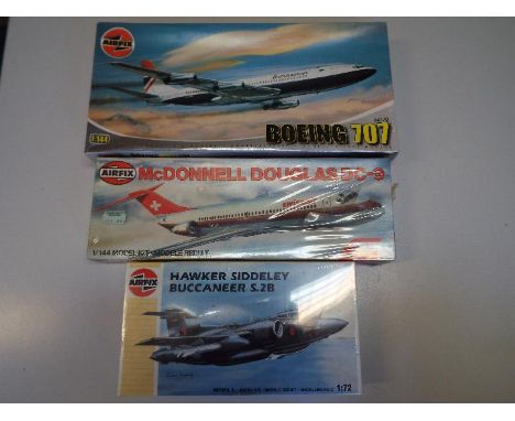 Airfix - three Airfix plastic model kits to include a hawker Siddeley Buccaneer S.2B series 3 model kit, model No. 03055, 1:7
