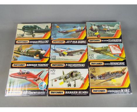 Matchbox - Nine boxed 1:72 scale plastic model aircraft kits. Lot includes PK-18 Grumman Hellcat; PK-32 F-86A Sabre; PK-8 Glo