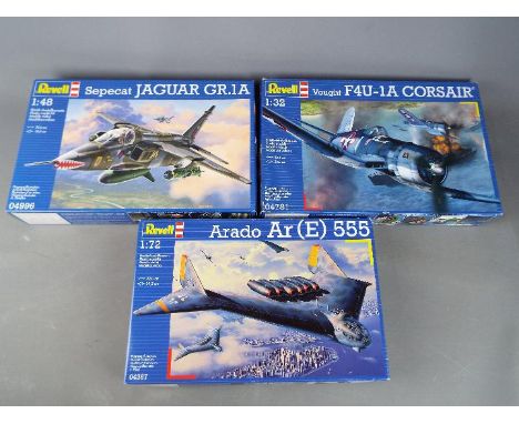 Revell - a collection of three Revell plastic model kits to include a Sepecat Jaguar GR.1A model No. 40996, 1:48 scale, a Vou