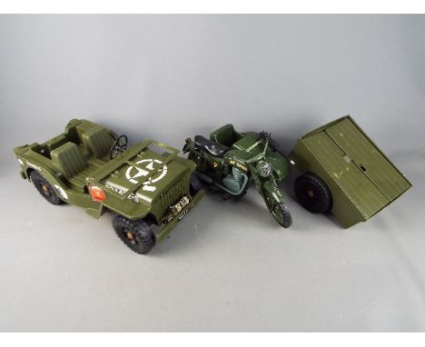 Palitoy / Hasbro - An unboxed Palitoy Action Man Motorcycle and side car with mounted gun, together with an unmarked suitable