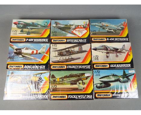 Matchbox - Nine boxed 1:72 scale plastic model aircraft kits. Lot includes Pk-37 FRS1 Harrier; PK-2 Spitfire MK IX; PK-31 Cur