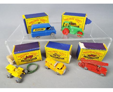 Matchbox - Five boxed Matchbox diecast vehicles. Lot consists of Matchbox #28 Bedford Compressor Truck (in a #6 box); #9 Denn