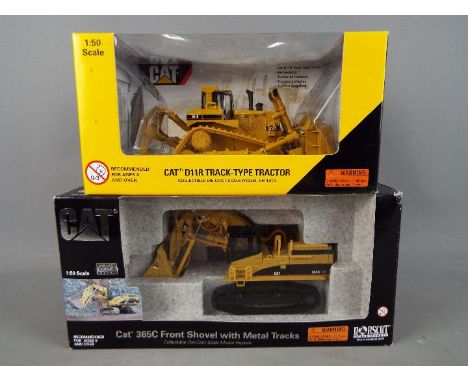 Norscot - Two boxed 1:50 scale diecast Norscot construction vehicles. Lot includes #55160 Caterpillar 365C Front Shovel with 