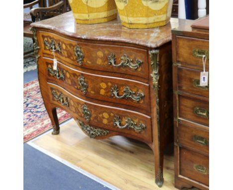 A Louis XVI style marble top marquetry commode W.116 cm