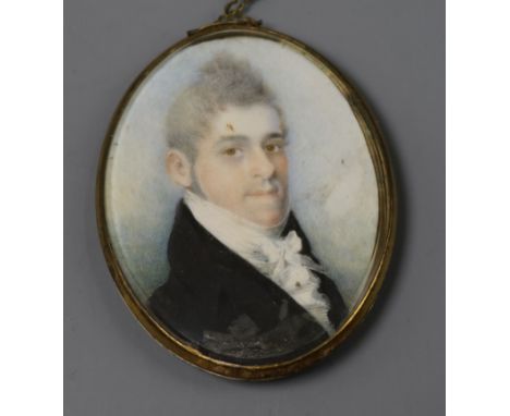 English School (early 19th century), watercolour on ivory, head and shoulder miniature portrait of a young gentleman wearing 