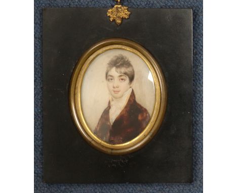English School (early 19th century), watercolour, head and shoulder miniature portrait of a young gentleman, wearing a white 