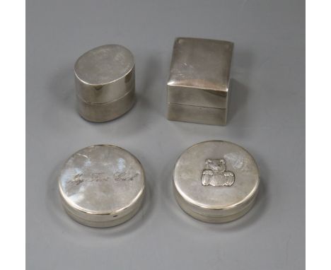 Two modern silver mounted ring boxes and two modern silver boxes including "My First Curl".