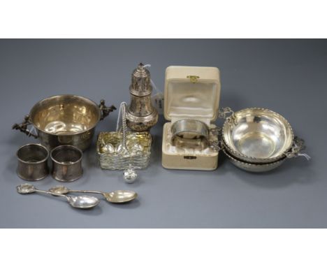 A small collection of silver and plated items, including a Mappin &amp; Webb silver presentation cup with twin 'horse and joc