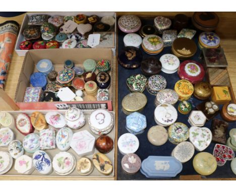 A collection of ceramic and other trinket boxes, including Wedgwood, Limoges, treen, soapstone, papier mache etc.