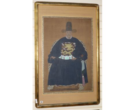 A Chinese gouache on silk ancester portrait, 91 x 60cm