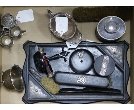 An ebonised silver-mounted six-piece dressing table set, a Chinese octagonal silver mustard and sundry items, including a sil