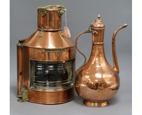 A ship's lantern and a copper ewer tallest 47cm