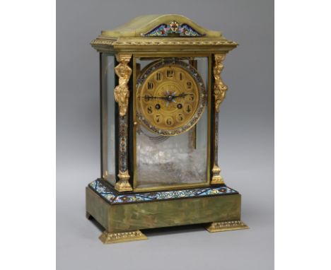 A French onyx and enamel champleve four glass mantel clock H.34cm