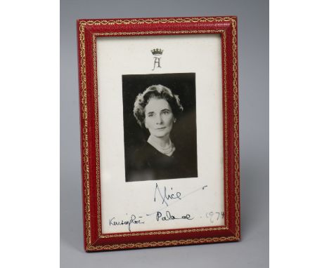 A presentation portrait photograph of Princess Alice, in gilt-tooled red leather frame, inscribed 'Alice/Kensington Palace 19