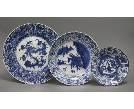 Two Chinese Kangxi blue and white dishes and a Wanli Kraak blue and white dish largest diameter 26.5cm