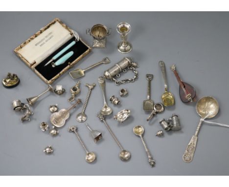A miniature silver and guilloche enamel pencil and penknife set, cased, sundry miniature novelties, etc. including two silver
