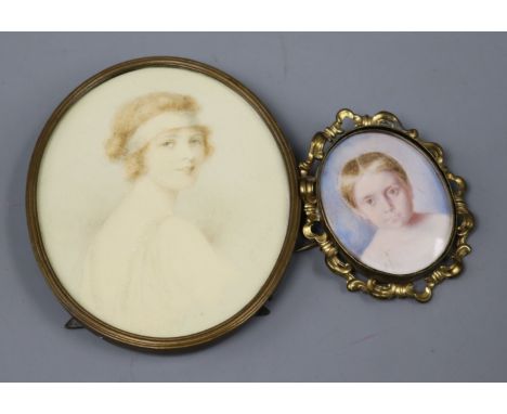 A 20th century watercolour miniature portrait and another portrait, the 20th century example of a young lady wearing a flappe