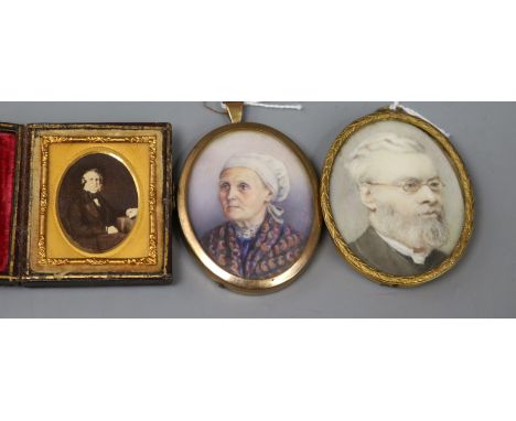 Three miniature portraits, comprising a 19th century English School watercolour head and shoulders portrait of a grey-haired,