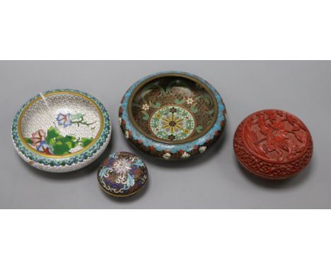 A Chinese cinnabar lacquer box and cover, a cloisonne enamel box and cover and two dishes
