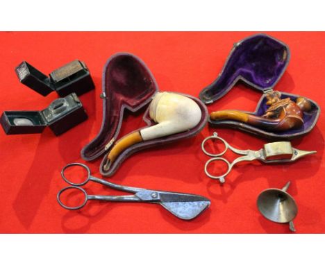 Two cased Meerschaum pipes, travelling inkwell &amp; match striker, early brass candle snuffer, steel wick trimmer &amp; funn