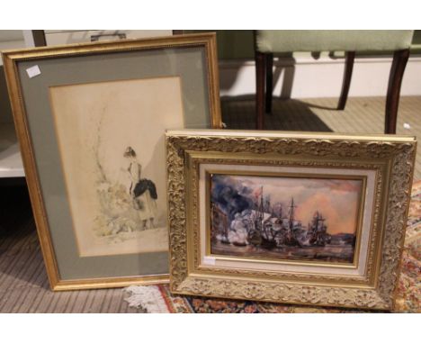 "Men 'o' War" an enamel picture on copper panel, 17cm x 27cm, gilt framed, together with a framed print (2)