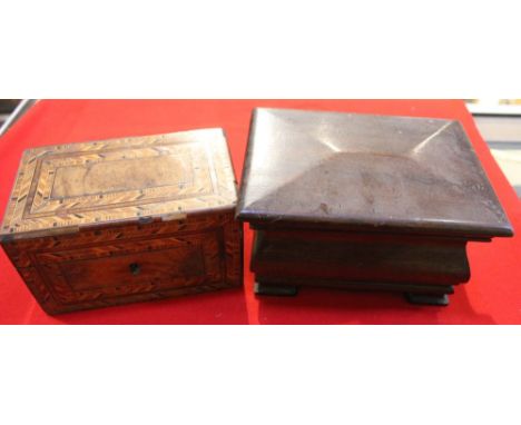 A parquetry two division tea caddy, together with another box