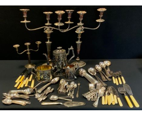 A pair of Victorian silver plated two branch candelabra, two scrolling arms, 45cm high, another smaller;  three piece tea set