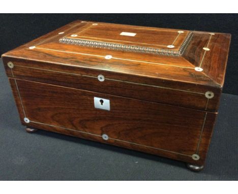 A Victorian mother of pearl inlaid rosewood sewing/jewellery box, sloping rectangular form, fitted interior, bun feet, 15cm h