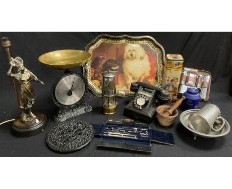 Boxes and objects - an Eccles Protector Mining Lamp, type 6, ministry of power and safety lamps approval No. B/28;  a mid cen