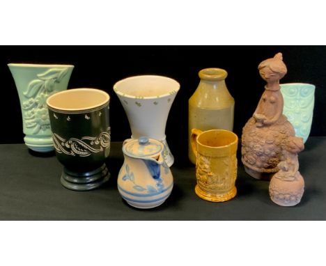 A Chesterfield stoneware ale cup;  Pearson's vases, wall pockets,  Bourne Medici society jug,  continental terracotta  figure
