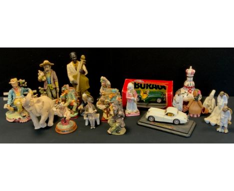 Ceramics - Bass player,  Capodimonte style figures, liquor flask etc;  diecast cars etc 