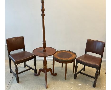 A mahogany standard lamp, circular table section to centre, tripod base, carved cabriole legs;  an Edwardian, inlaid side tab