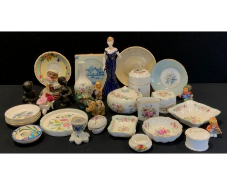 A Weilcrafts studio pottery frog dish;  Minton Haddon Hall, Royal Crown Derby posies;  Royal Worcester Goebel figures, etc 
