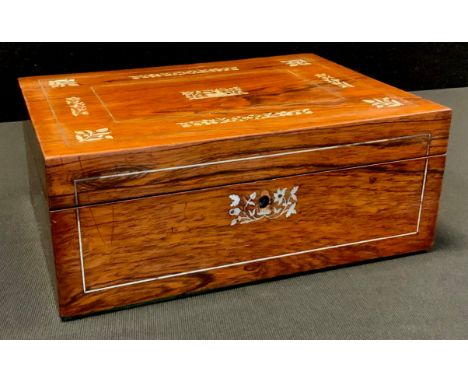 A Victorian mother of pearl inlaid rosewood sewing box, fitted interior, with assorted contents of cotton spools, needles, et