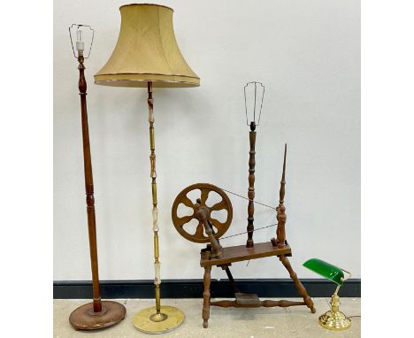 A mid 20th century Spinning wheel, converted for use as a floor lamp, 137.5cm high x 73cm x 33.5cm;  a green onyx and brass s