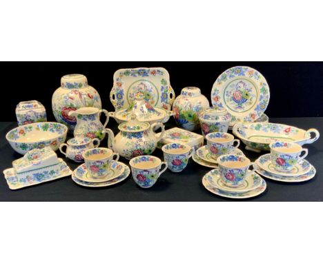 A Masons Ironstone Strathmore pattern tea service for six comprising tea pot, tea cups, saucers, cheese dish and cover, bread