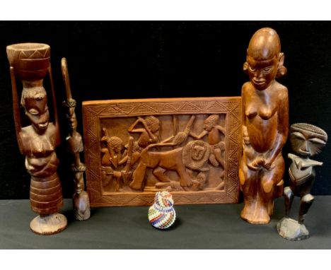 Tribal Art - Yoruba Lionheart carved panel, Benin mother and child, ceremonial  cup, tapper etc (6) 