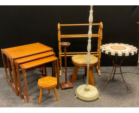 A G-Plan nest of three teak tables;  a marble mosaic occasional table / side table, circular top, metal tripod base;  green o