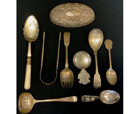 Silver - a silver mother of pearl sugar tongs; straining spoon;  baby feeding spoon etc others plated 