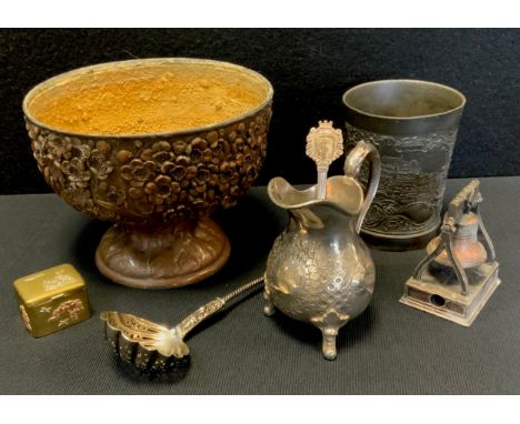 A Victorian silver straining spoon, shell bowl, apostle handle;  silver plated jug;  German pewter ale cup;  etc 