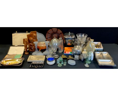 Glassware and Flatware - to include set of six solid silver tea spoons, a quantity of drinking glasses, stoneware, advertisin
